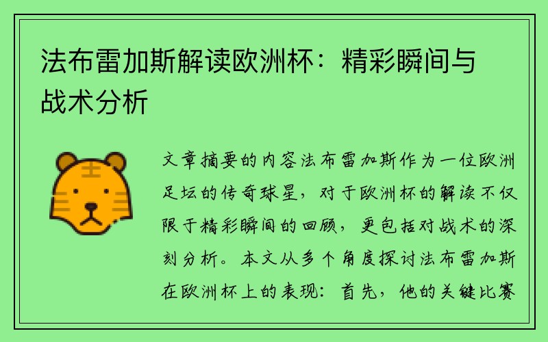 法布雷加斯解读欧洲杯：精彩瞬间与战术分析