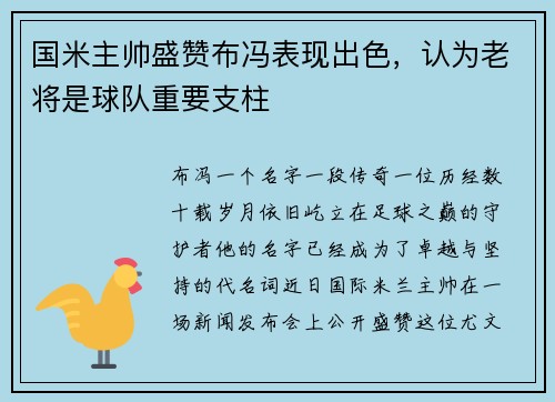 国米主帅盛赞布冯表现出色，认为老将是球队重要支柱